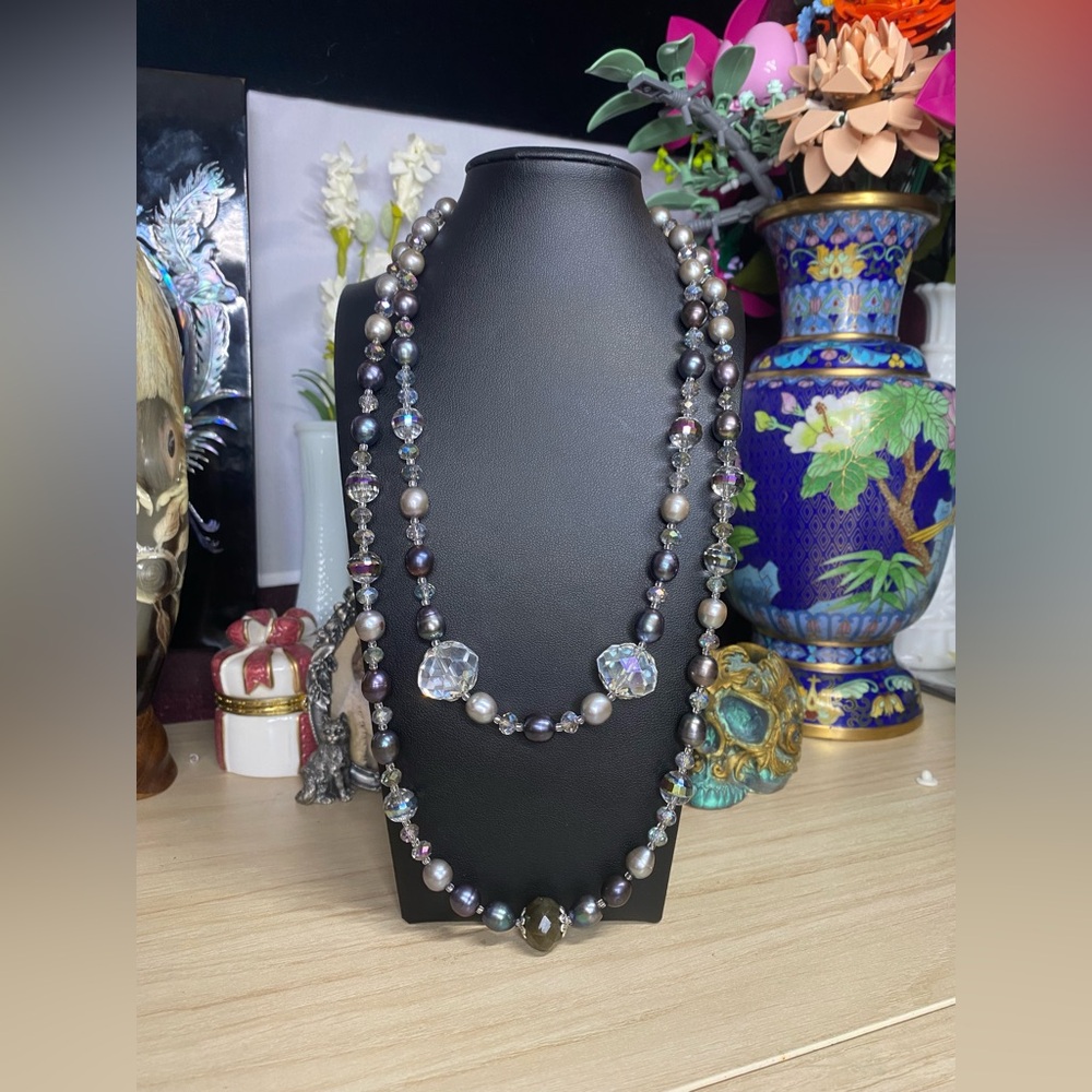 Handmade freshwater pearl and crystal two strand necklace